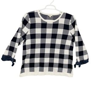 Talbots Womens XL Navy White Buffalo Plaid 3/4 Sleeve Tie Cuff Sweater
